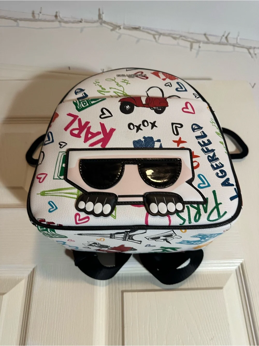 Karl Lagerfeld White Multicolor Graffiti Mini Backpack with Karl Face Applique